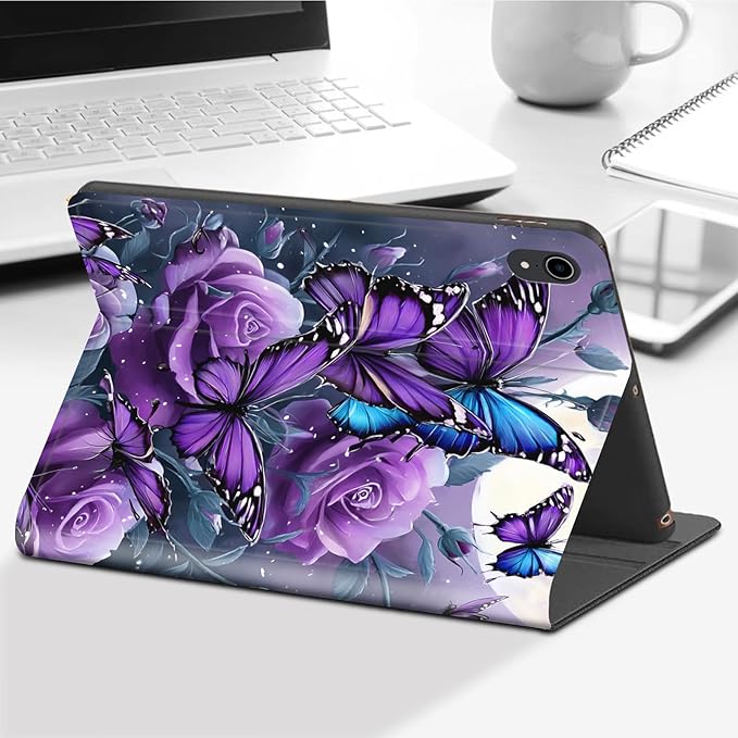 for iPad mini 7th (A17 Pro) 2024/iPad Mini 6th Generation Case 2021 8.3 Inch-Slim Leather Adjustable Stand Smart Cover with S Pen Holder &amp Auto Wake/SleepPurple Rose Butterflies