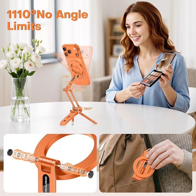 OMOTON TP06 for MagSafe Tripod Hook 360°Rotate Magnetic Phone Tripod for iPhone 17/16/15 Pro Max Air Fold Phone Stand Selfie Stick with 1/4 Screw Acra Fits Vlog Gym Travel Essentials Orange