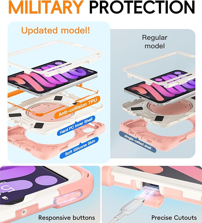 BATYUE Case for iPad mini 7 A17 Pro 2024/iPad Mini 6 2021 8.3 Inch with Pencil Holder 360 Rotating Stand Shoulder Strap Handle Grip Shockproof Rugged Case for iPad mini 7th/6th Gen Rosegold