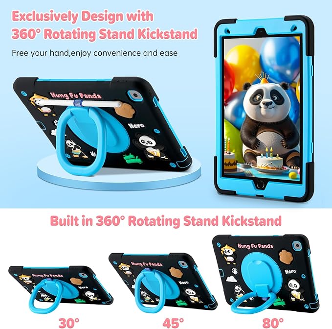 Case for iPad 9th/8th/7th GenerationCute 3D Cool Panda Warrior Design Cover with Screen Protector Rugged Protective Cartoon Case with Stand/Strap/Pen Slot for iPad 10.2 Kids Teens (Black+Blue)