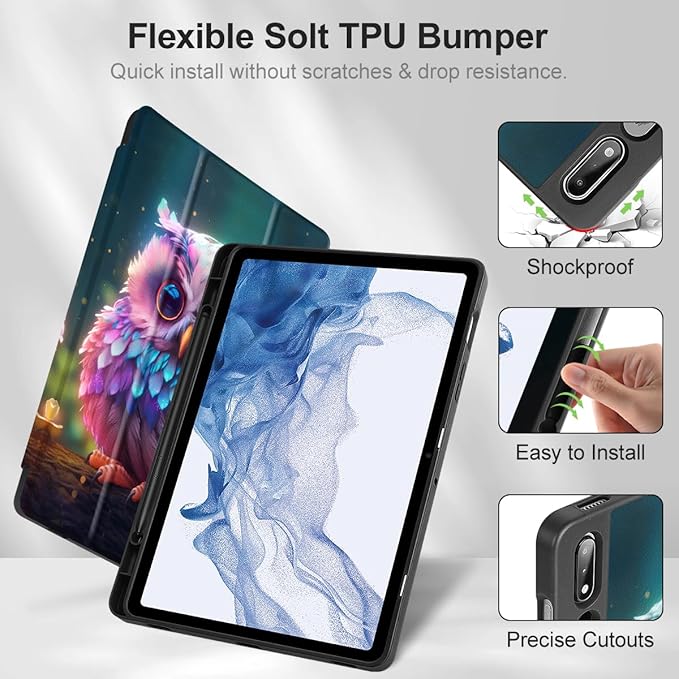 Tuiklol Case for Samsung Galaxy Tab S9 FE (5G) 10.9 inch &amp Tab S9 11 Inch 2023 Release Built-on S-Pen Holder Slim Hard Shell Case Smart Trifold Stand Cover Auto Wake/SleepRainbow owl