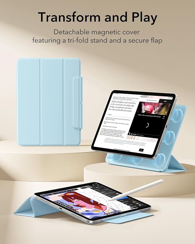 ESR for iPad Air 13 Inch Case M4/M3/M2 (2026/2025/2024) iPad Pro 12.9 Case Powerful Magnetic Attachment Slim Trifold Stand Case Supports Pencil Pro &amp Pencil (USB-C) Rebound Series Light Blue