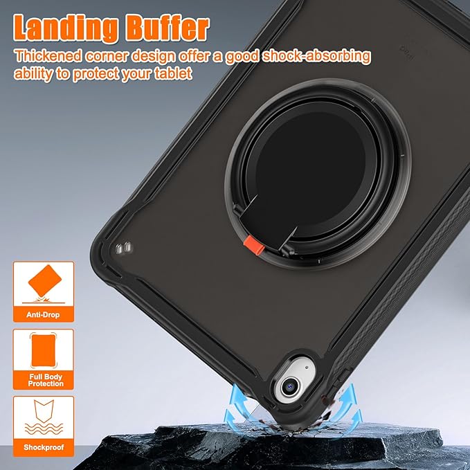 Batianda Ultimate Protective Case for New iPad 11th Generation 11 inch 2025 A16 Chip Sturdy Rugged Shockproof Silicone Tablet Cover with 360° Rotatable Ring Kickstand &amp Pencil Holder All Black