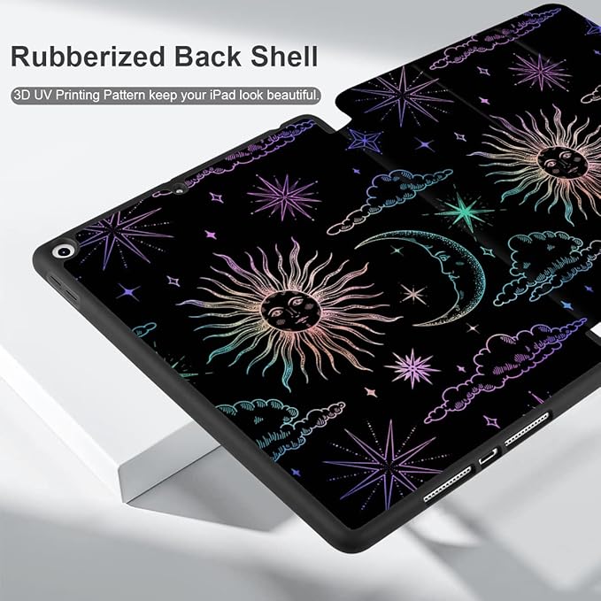 DONGKE Case Compatible with iPad 10.2 Inch 2021 2020 2019 iPad 9th/8th/7th Generation with Pencil Holder Slim Stand Protective Case with Soft TPU Back Auto Sleep/Wake Cover Sun &amp Moon