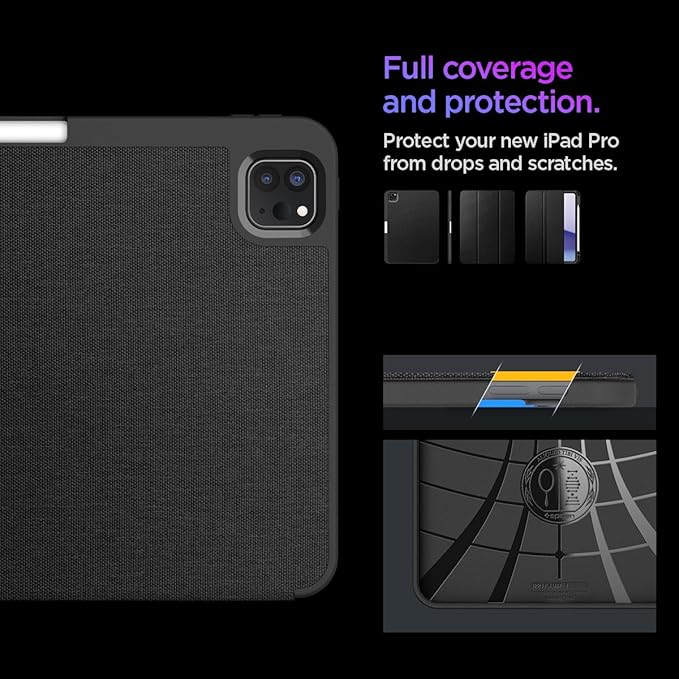 Spigen for iPad Pro 11 inch Case M5/M4 (2025-2024) Urban Fit Protective Premium Fabric Tri-Fold Kickstand Folio Cover with Pencil Holder Supports Auto Wake/Sleep Black