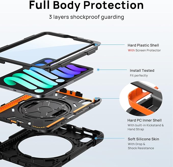 Gerutek Case for iPad mini 7 (A17 Pro) 2024/Mini 6 2021 8.3 inch Shockproof Cover for iPad mini 7/6th Generation with Screen Protector 360° Rotating Stand Hand/Shoulder Strap Pencil Holder Black
