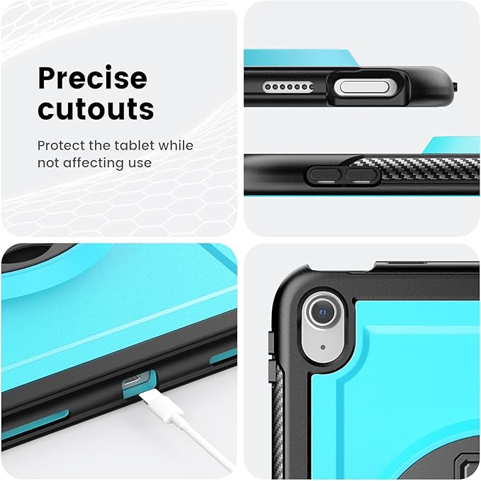Case for iPad (A16) 11th/10th Generation 11''/10.9'' 2025/2022: Shockproof Protective Case with Hand/Shoulder Strap Pencil Holder Rotate Stand Screen Protector Sky Blue
