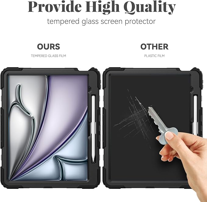 BLOSOMEET Protective Case for iPad Air 13 Inch M3 2025 &amp M2 2024 with Tempered Glass Screen Protector &amp Pencil HolderRugged Construction iPad Air 13 Cover with Stand Hand Shoulder Strap (Blac