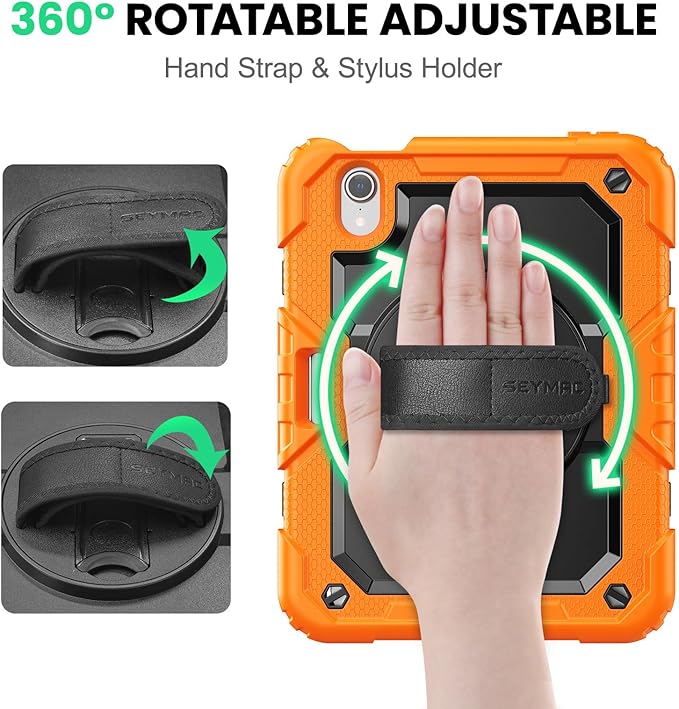 SEYMAC Case for iPad mini 7 (A17 Pro) 2024/ Mini 6 8.3″ Full-Body Shockproof Protective Case with Screen Protector Rotating Stand Hand/Shoulder Strap for iPad mini 7th/ 6th Generation Orange