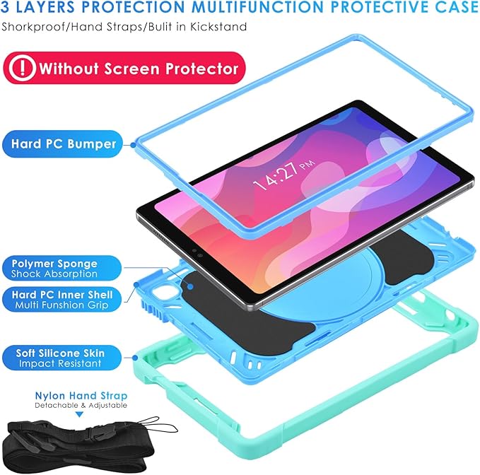 DETUOSI Case for Samsung Tab A7 Lite 8.7 inch 2021 Release SM-T220/T225/T227u Shockproof Protective Cover for Galaxy Tab A7 Lite 8.7 inch (360°Rotatable Stand &amp Shoulder Strap) Mint Green &amp