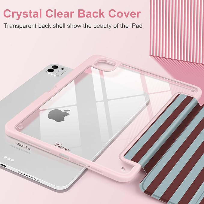TWOLSKOO Case for iPad Pro 11-inch (M5 2025 / M4 2024) Clear Acrylic Back with TPU Bumper Pencil Holder Trifold Stand Auto Sleep/Wake Burgundy Stripes