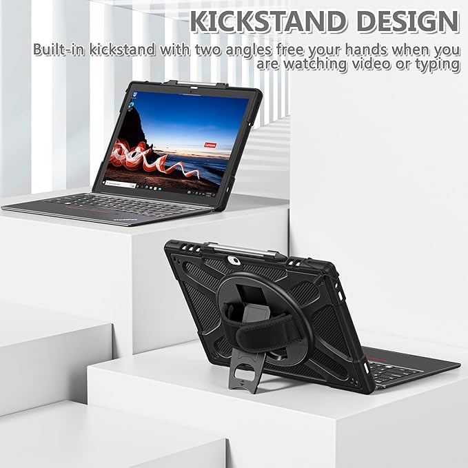 ZenRich Rugged Case for Lenovo ThinkPad X12 Gen 2 12” 2024 –Heavy Duty Shockproof Protective Cover with 360° Rotating KickstandHand &amp Shoulder StrapBusiness FriendlyType Cover Keyboard Compatib