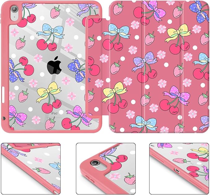 Tuiklol for 2025 iPad (A16 Chip) 11th Generation 11 inch/iPad 10th Generation 10.9 inch 2022 Case Buit in Pencil Holder with Clear Back Shell Cover Trifold Stand Auto Wake/SleepStrawberry Cherry