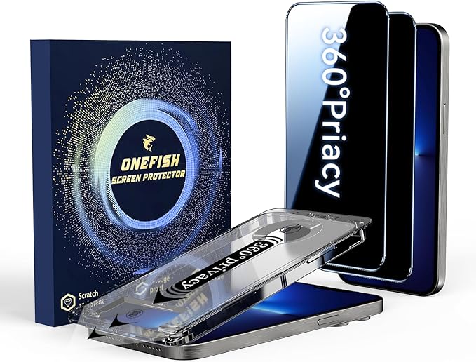 OneFish for iPhone 17e/16e/13/13 Pro/14 Privacy Screen Protector 4-Way 360° Anti-Spy Tempered Glass 9H Hardness HD Clear Anti-Fingerprint 3D Curved Edges Case-Friendly &amp Easy Installation [2 P