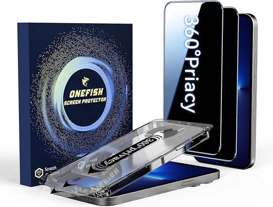 OneFish for iPhone 17e/16e/13/13 Pro/14 Privacy Screen Protector 4-Way 360° Anti-Spy Tempered Glass 9H Hardness HD Clear Anti-Fingerprint 3D Curved Edges Case-Friendly &amp Easy Installation [2 P