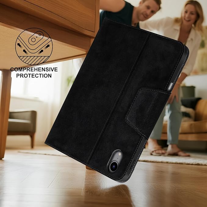Gexmil Premium Leather Case for iPad mini 7 (A17 Pro) 2024 / iPad mini 6 Generation 2021 8.3 InchPencil Holder Magnetic ClosureShockproof Cowhide CoverAdjustable StandSanded Black