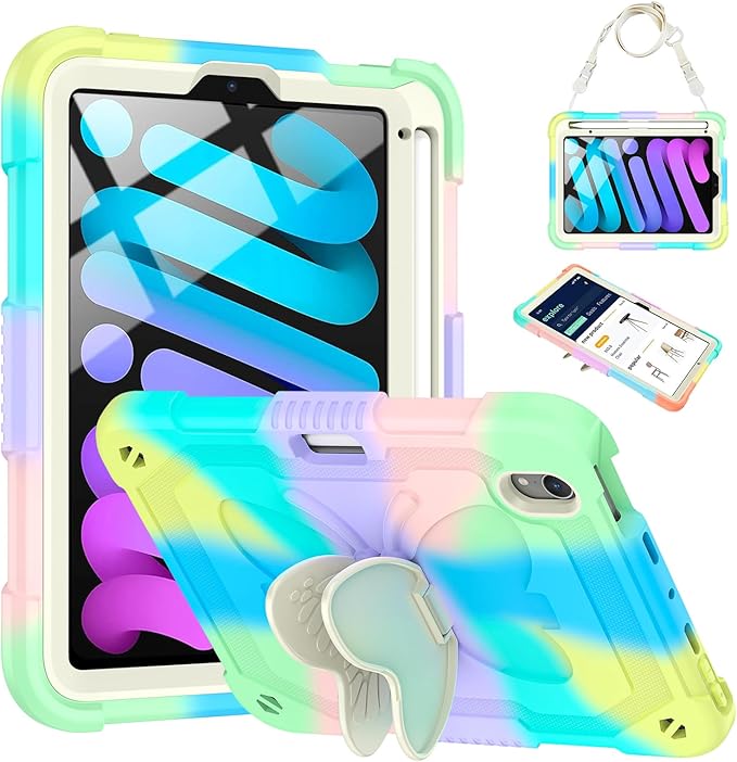 for iPad Mini 7 A17 Pro Case for iPad Mini 7th/6th Generation - Rugged Soft Silicone Cute Cartoon with Shoulder Strap Multi-Angle Stand Kawaii for Women Girls Girly Kids Teens Cover Colorful