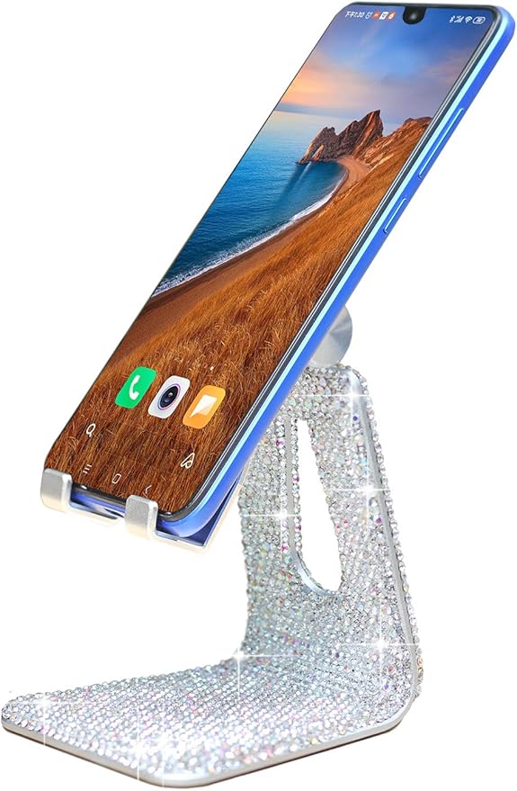 SZ Bling Rhinestone Crystal Adjustable Cell Phone Stand Phone Holder for Desk Phone Desktop Holder Stand Compatible with iPhone IPAD Samsung Smart (Silver)