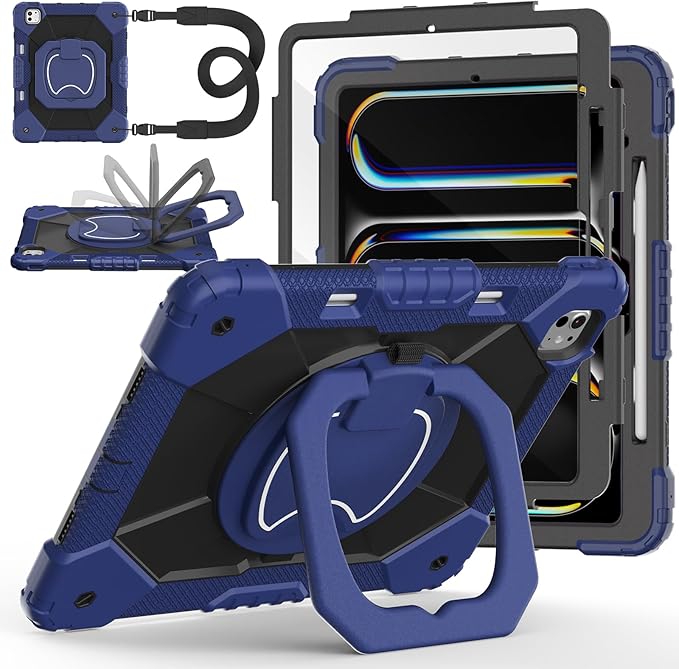Case for iPad Pro 13 Inch M5 2025 / M4 2024 Auorld for iPad Pro 13 Inch M5 2025 with Screen Protector 360 Degree Rotating Stand Shoulder Strap Pencil Holder Navy Black