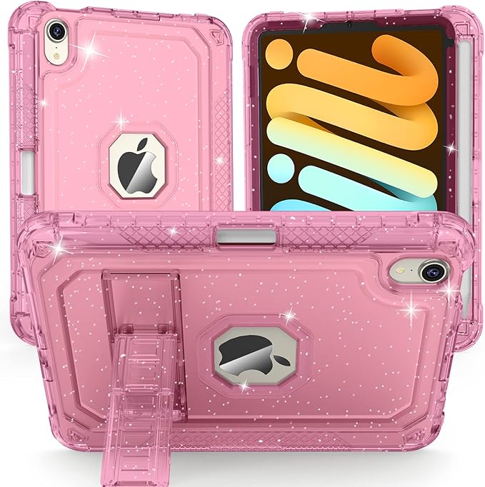 Case for iPad mini A17 Pro for iPad mini 7th/6th Generation Case 8.3 inch 2024/2021 with Pencil Holder/Stand Slim Cover for i Pad Mini 7/6 (Clear Glitter Pink)