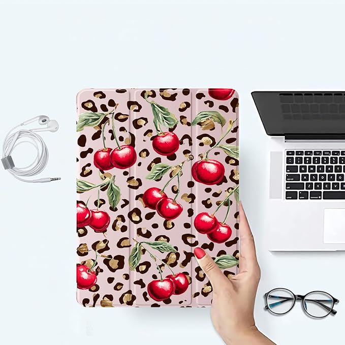Coquette Leopard Print Case for iPad Pro 11 (M4) 2024 5th Gen Cute Cherry CasePencil Holder &amp Clear Soft TPU Back &amp Trifold Stand Cover for Women