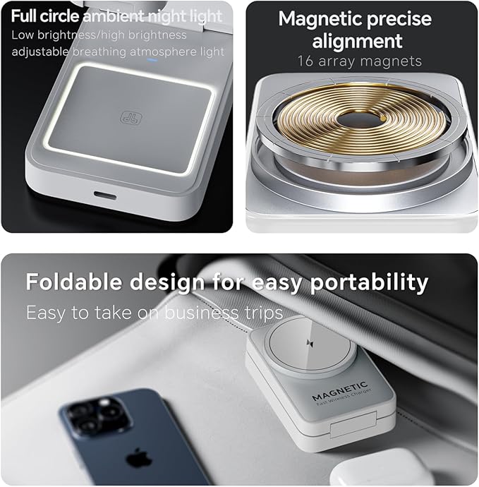 MALOM W91 3-in-1 Multifunctional Wireless Magnetic Charger for iPhone Apple Watch AirPods Foldable Nightlight (White)