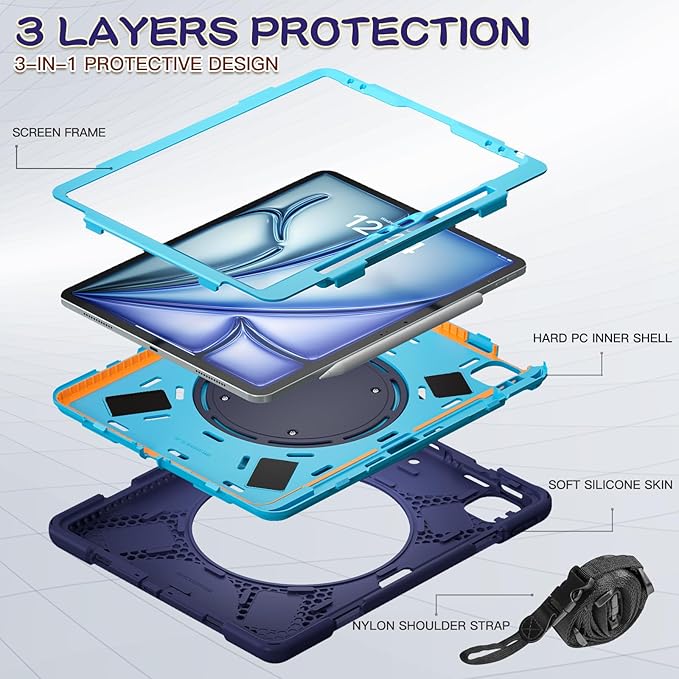 MEEgoodo Case for iPad Air 13 inch 2025 (M3) /2024 (M2) &amp iPad Pro 12.9 Case 6th/5th/4th/3rd Generation 2022 2021 2020 2018 Tablet Cover with Pencil Holder/Rotating Stand/Shoulder Strap Navy Blu