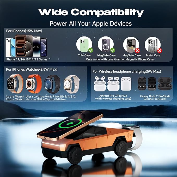 CyberDock 3-in-1 Wireless Charging Station Cybertruck 1:25 Scale Charger with Qi2 Certified 15W Charging for iPhone iWatch AirPods Magnetic Rotating Charger with Ambient Light 30W Adapter Orange