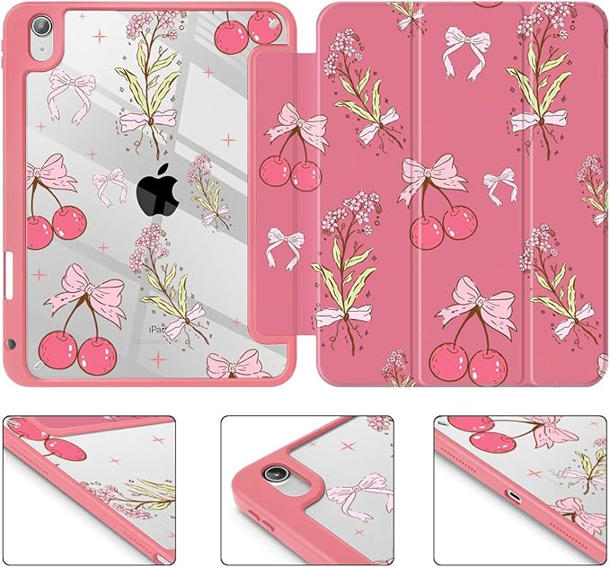 Tuiklol for 2025 iPad (A16 Chip) 11th Generation 11 inch/iPad 10th Generation 10.9 inch 2022 Case Buit in Pencil Holder with Clear Back Shell Cover Trifold Stand Auto Wake/SleepCherry Bow