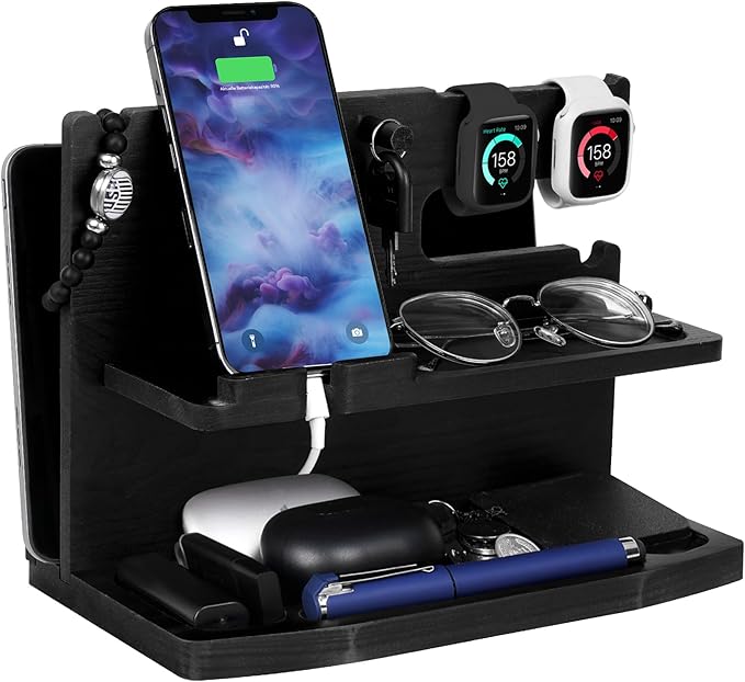 Gifts for Men Desk or Nightstand Organizer - Wood Phone Docking Station - Birthday Gifts for Husband Fathers Day for Dad - Anniversary Idea from Wife - Key Holder Stand Wallet Watch &amp Essential