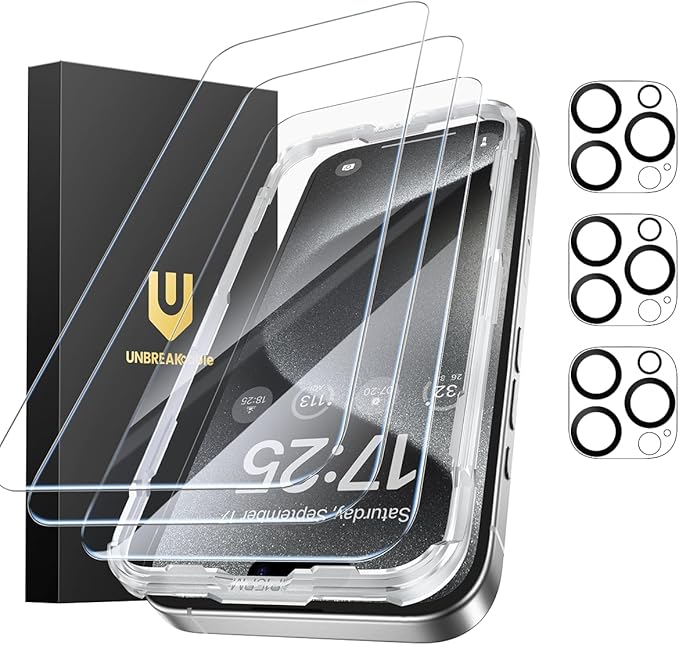 UNBREAKcable iPhone 15 Pro Max Screen Protector 3-Pack 3 Tempered Glass + 3 Camera Lens Protectors 9H Hardness HD Clarity Anti-Fingerprint Case Friendly 6.7 Inch
