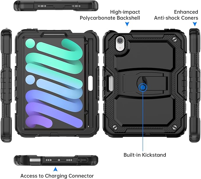 Timecity Case for iPad mini 7/6-8.3 inch for iPad mini 7th/6th Generation Case: Full-Body Shockproof Protective with Built-in Screen Protector Foldable Kickstand Pencil Holder- Black
