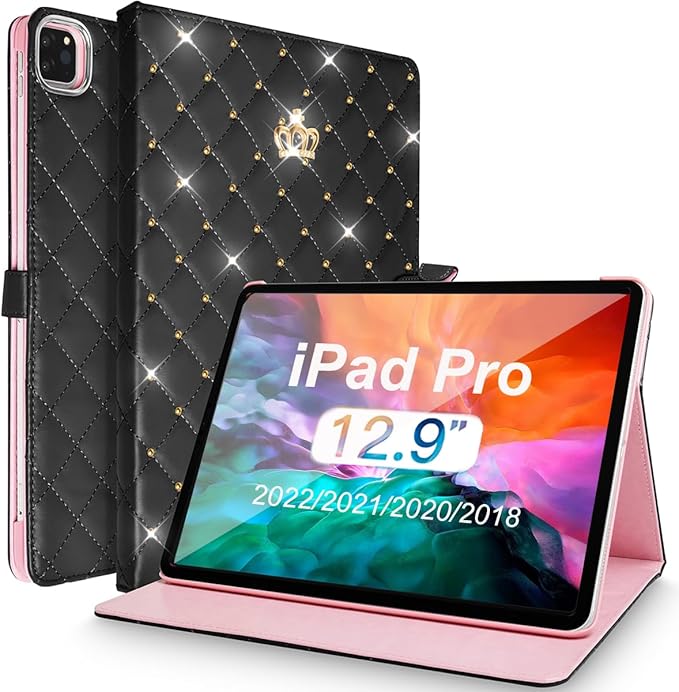 for iPad Pro 12.9 inch 6th/5th/4th/3rd Case (2022/2021/2020/2018) Girly Woman Cute Crown Elegant PU Leather Bling Diamond Smart Auto Wake/Sleep Kickstand Flip Cover for iPad Pro 12.9 (Black)