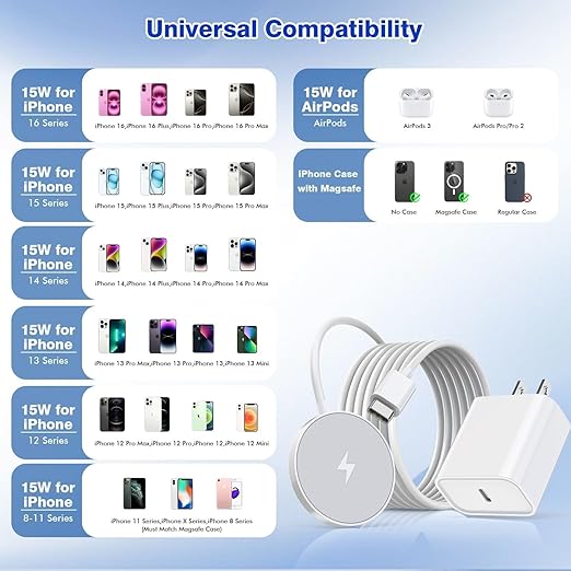 [Apple MFi Certified]Magnetic Wireless iPhone Charger Magsafe Charger6FT 15W Fast Phone Charging Pad Wireless Magnetic Charge for iPhone 17/17Air/16 Pro Max/16 Plus/15 Pro Max/14/13/12/AirPods3/2/Pro