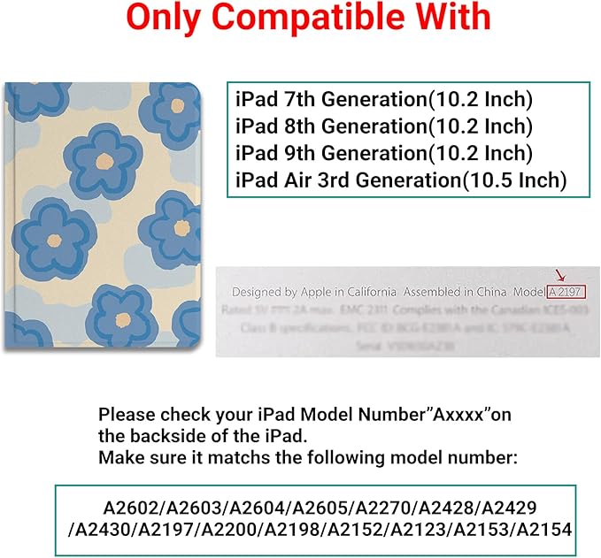 Compatible with iPad Case 9/8/7th Gen 10.2 / iPad Air 3rd 10.5 - Folio Cute Cover - with Art Design for Women - Auto Wake/Sleep Premium Leather with Pencil Holder - Teal Blue Flower