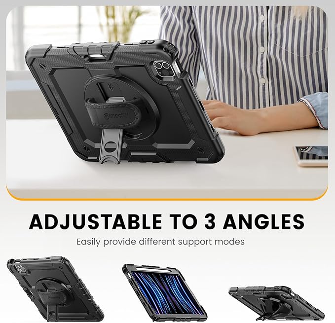 Timecity Case for iPad Pro 11 inch 1st 2nd 3rd 4th Generation 2018/2020/2021/2022 (NOT for 2024) Heavy Duty Rugged Protective Case with Screen ProtectorPencil HolderRotating Stand&ampHandle-Bla