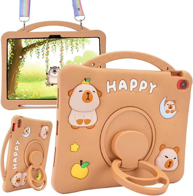 Capybara Kids Case for iPad (A16) 11th Generation 11 inch 2025 / iPad 10th Gen 10.9 2022-3D Cute Silicone Cover for Girls with 360° Rotating Stand Adjustable Strap Pencil Holder-Brown