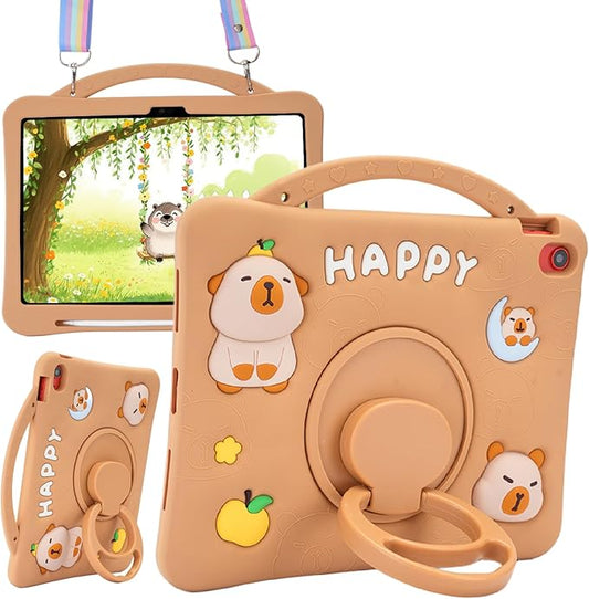 Capybara Kids Case for iPad (A16) 11th Generation 11 inch 2025 / iPad 10th Gen 10.9 2022-3D Cute Silicone Cover for Girls with 360° Rotating Stand Adjustable Strap Pencil Holder-Brown