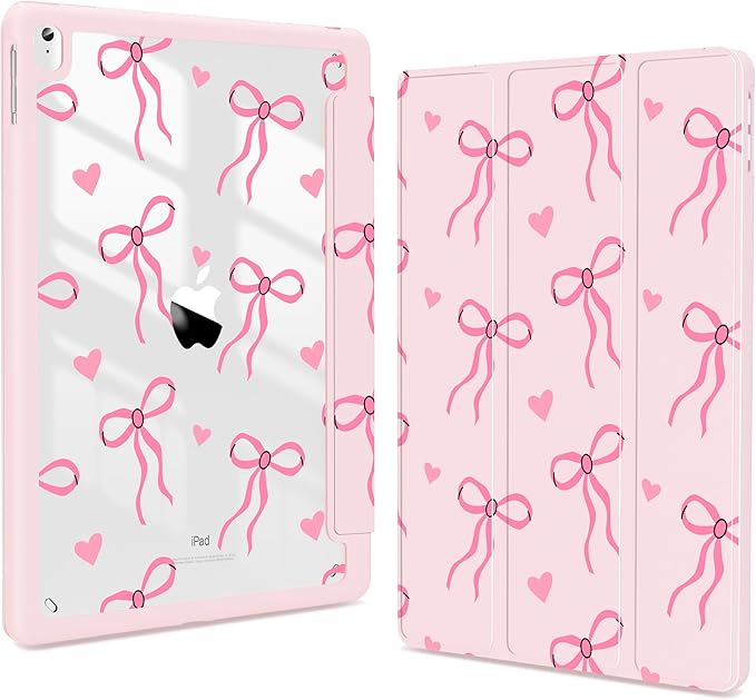 Teryeefi for iPad 9th Generation Case Clear Back Cover with Pencil Holder &amp Auto Sleep/Wake for iPad 10.2 inch 9th/8th/7th Generation 2021/2020/2019 - Cute Pink Bow