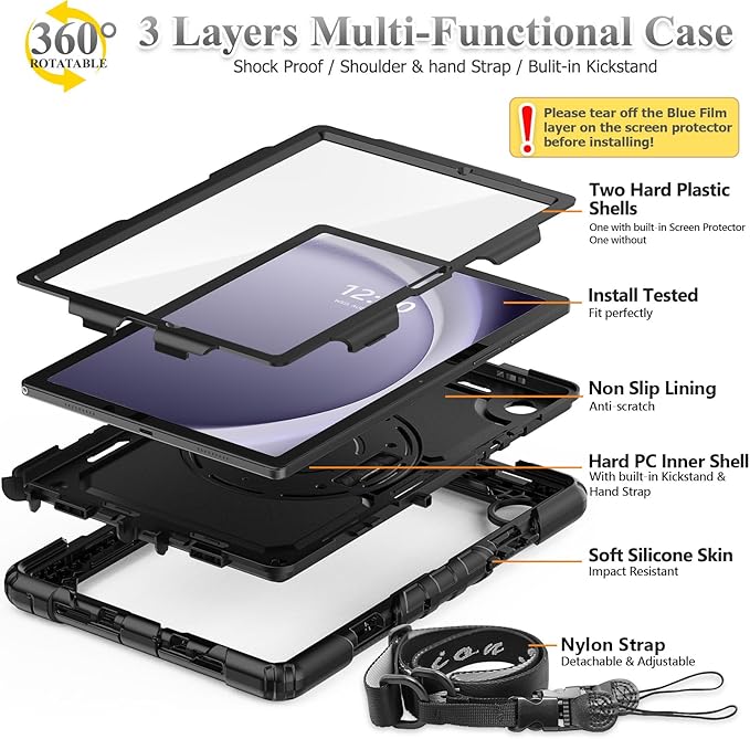 SEYMAC stock Case for Samsung Galaxy Tab A11+ Plus/A9+ Plus 11'' Full-Body Drop Protection Case with Screen Protector Pencil Holder [360° Rotating Hand Strap] &ampStand Black