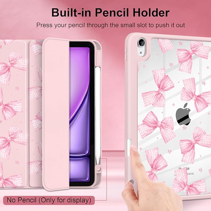 DONGKE Case for iPad Air 11-inch M4 2026 &amp M3 2025 &amp M2 2024 iPad Air 5th/4th Generation 10.9 2022/2020 [Built-in Pencil Holder] Clear Acrylic Back Trifold Stand Smart Cover Gingham Bows