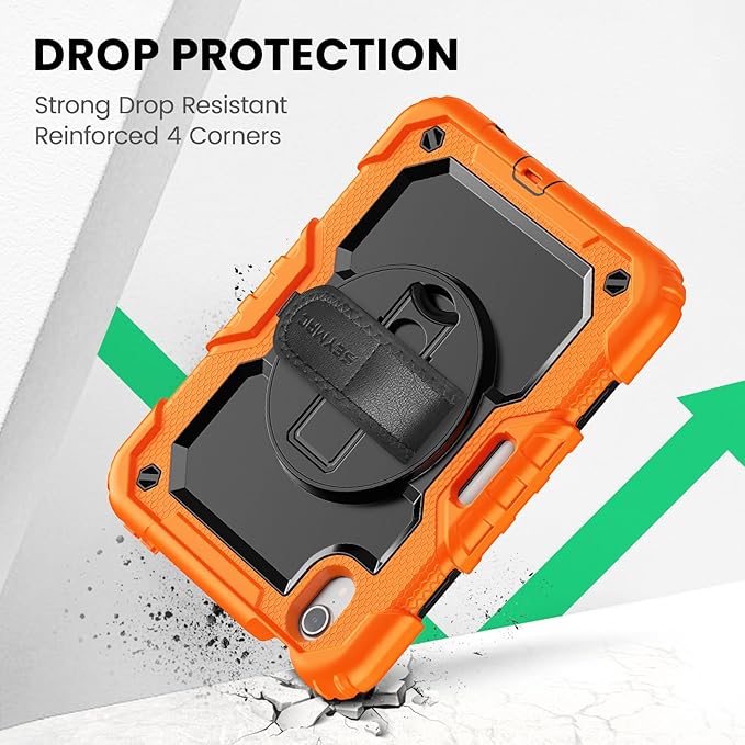 SEYMAC Case for iPad mini 7 (A17 Pro) 2024/ Mini 6 8.3″ Full-Body Shockproof Protective Case with Screen Protector Rotating Stand Hand/Shoulder Strap for iPad mini 7th/ 6th Generation Orange