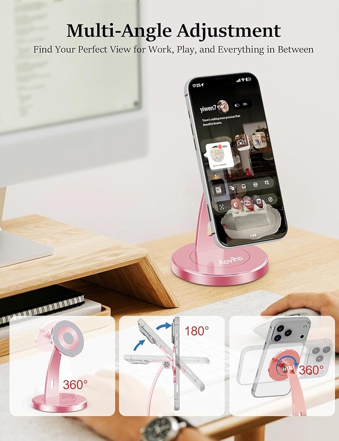 Magnetic Phone Stand for Desk – 360° Rotating Aluminum Phone Holder Stable Desk Stand for Office Home &amp Kitchen Compatible with iPhone 17 Pro Max 16–12 Series and MagSafe Cases Rose Gold