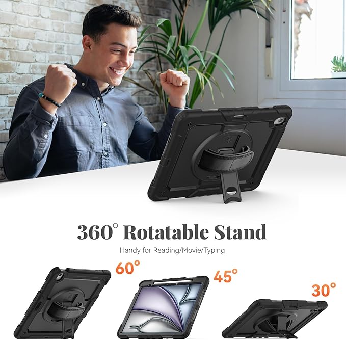 BLOSOMEET Protective Case for iPad Air 13 Inch M3 2025 &amp M2 2024 with Tempered Glass Screen Protector &amp Pencil HolderRugged Construction iPad Air 13 Cover with Stand Hand Shoulder Strap (Blac