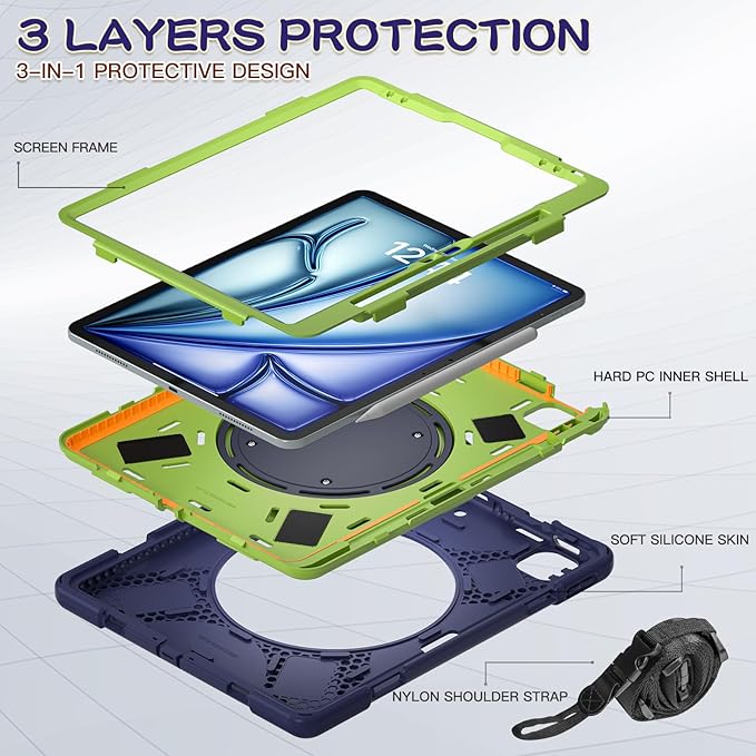 MEEgoodo Case for iPad Air 13 inch 2025 (M3) /2024 (M2) &amp iPad Pro 12.9 Case 6th/5th/4th/3rd Generation 2022 2021 2020 2018Tablet Cover with Pencil Holder/Rotating Stand/Shoulder StrapNavy Blue