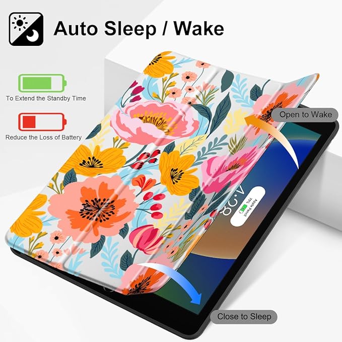 Tuiklol Case for iPad 10.2 Inch 2021 2020 2018 Release 9th / 8th / 7th Generation Built-in Pencil Holder TPU Protective Stand Back Cover Trifold Stand-Auto Wake/Sleep Vibrant Floral