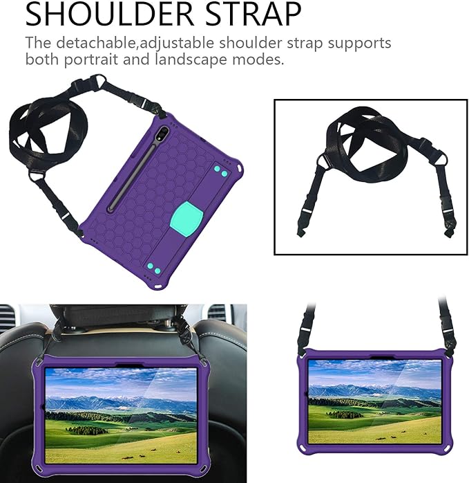 Bumper Case for Samsung Galaxy Tab S9 FE/S9/S8/S7 11 Techcircle Shockproof [Elastic Hand Strap] Stand EVA Foam Protective Case w/Shoulder Strap Kids Cover for Tab S7/S8/S9 SM-T870/X700 Purple+Green