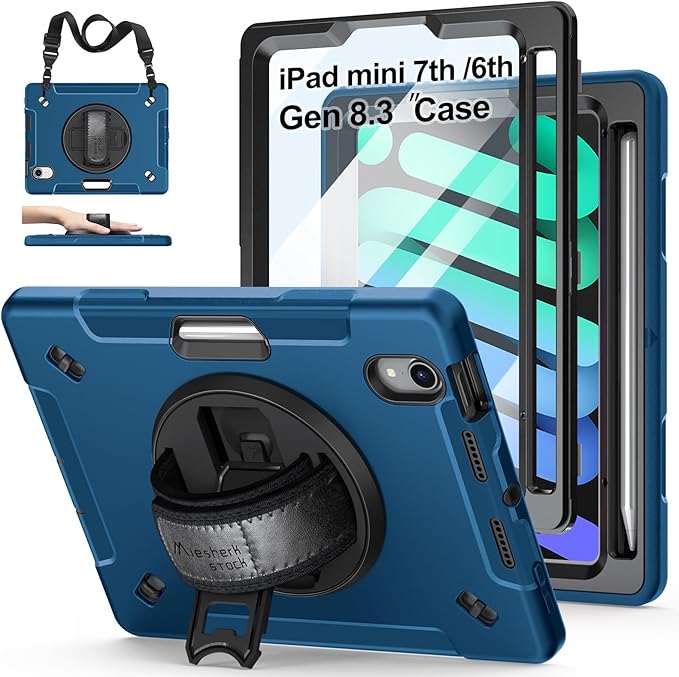 Case for iPad mini 7 (A17 Pro)/ Mini 6 8.3 INCH: TPU Cover for iPad mini 7th/6th Generation 8.3 Inch with Screen Protector- Stand + Handle + Shoulder Strap + Pencil Holder- Blue