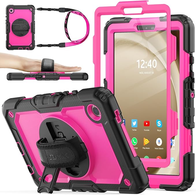 SEYMAC stock Case for Samsung Galaxy Tab A9 8.7'' Full-Body Drop Protection Case with Screen Protector Pencil Holder [360° Rotating Hand Strap] &ampStand Pink+Black