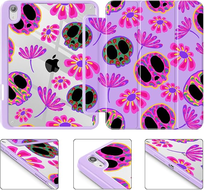 Mektron Printed Case for iPad mini 7 (A17 Pro) 2024/ Mini 6 2021 iPad mini 7th/6th Gen 8.3-inch Liquid Retina Display Cover Buit in Pencil Holder with Clear Back Shell Skull &amp Flowers Purple